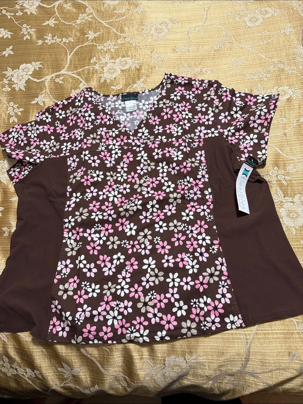 Cherokee Floral V-Neck Scrub Top in Brown with Pink & White Flowers